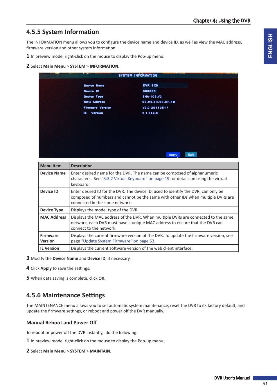 5 system information, 6 maintenance settings, Manual reboot and power off | 5 system information 4.5.6 maintenance settings | KGUARD Security SHA24 User Manual | Page 51 / 85