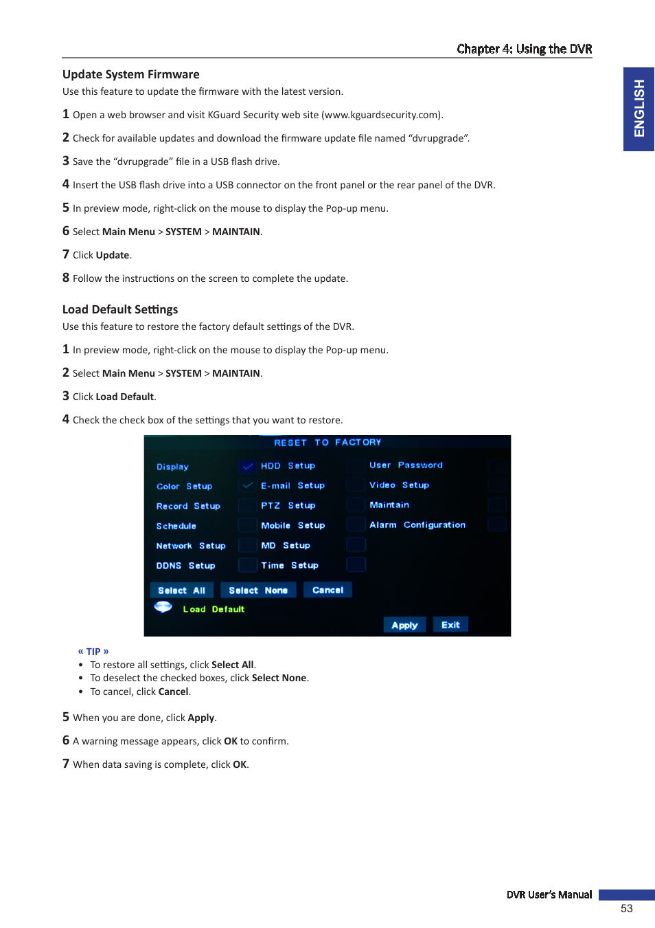 Update system firmware, Load default settings, Update system firmware load default settings | KGUARD Security SHA24 User Manual | Page 53 / 85
