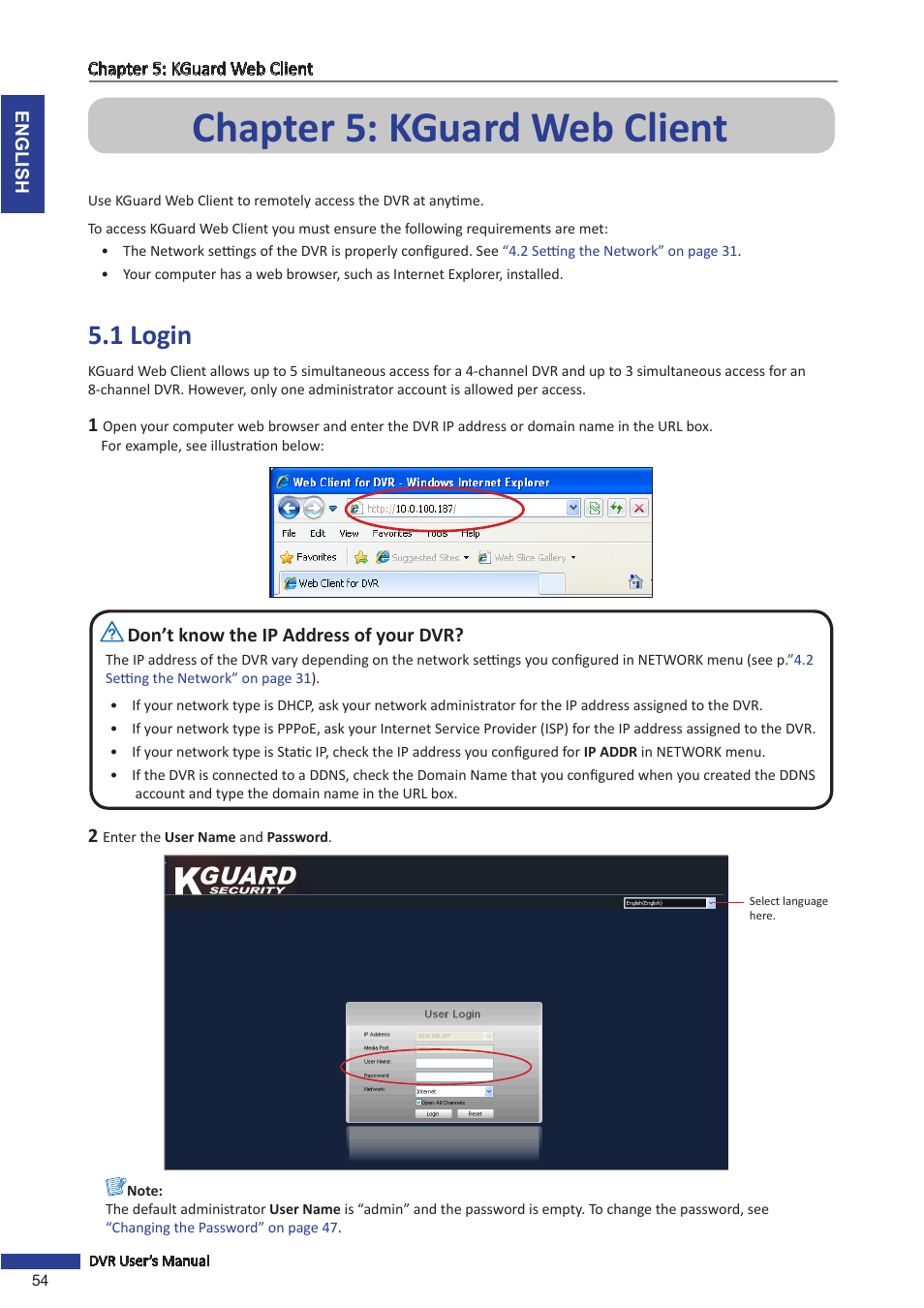 Chapter 5: kguard web client, 1 login | KGUARD Security SHA24 User Manual | Page 54 / 85