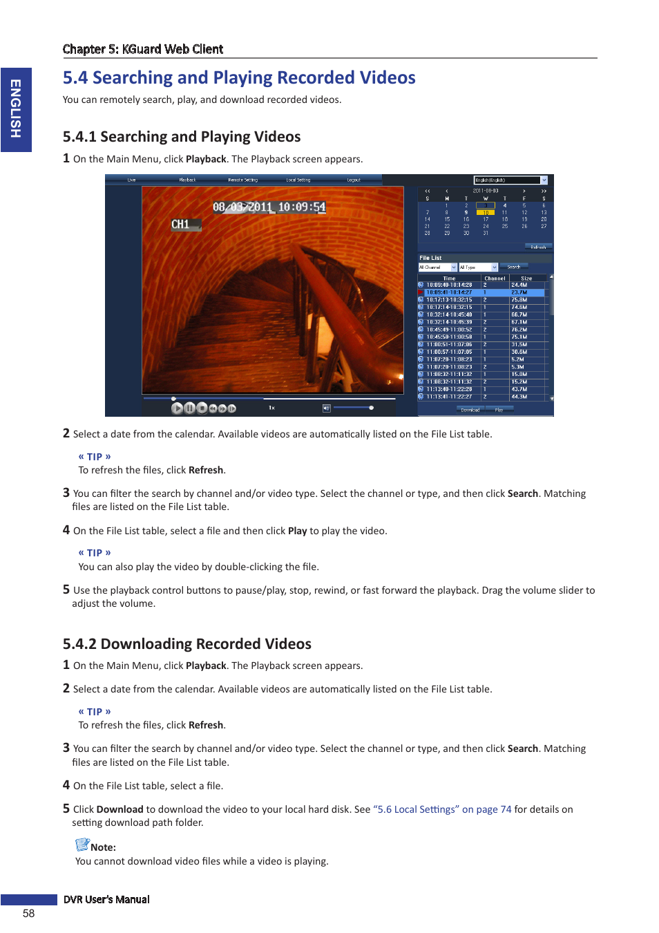 4 searching and playing recorded videos, 1 searching and playing videos, 2 downloading recorded videos | KGUARD Security SHA24 User Manual | Page 58 / 85