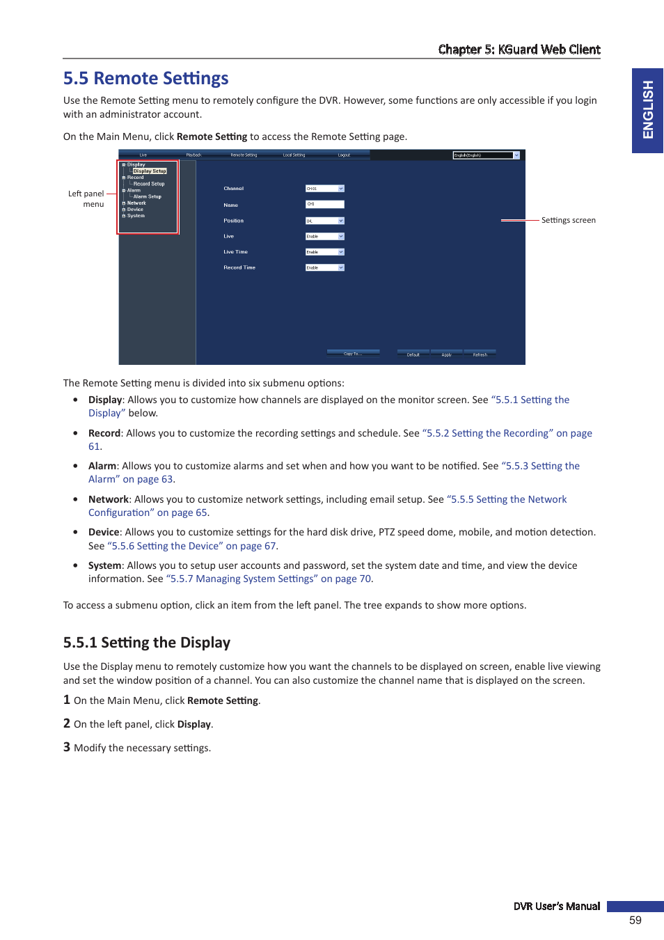 5 remote settings, 1 setting the display, 5 remote | KGUARD Security SHA24 User Manual | Page 59 / 85