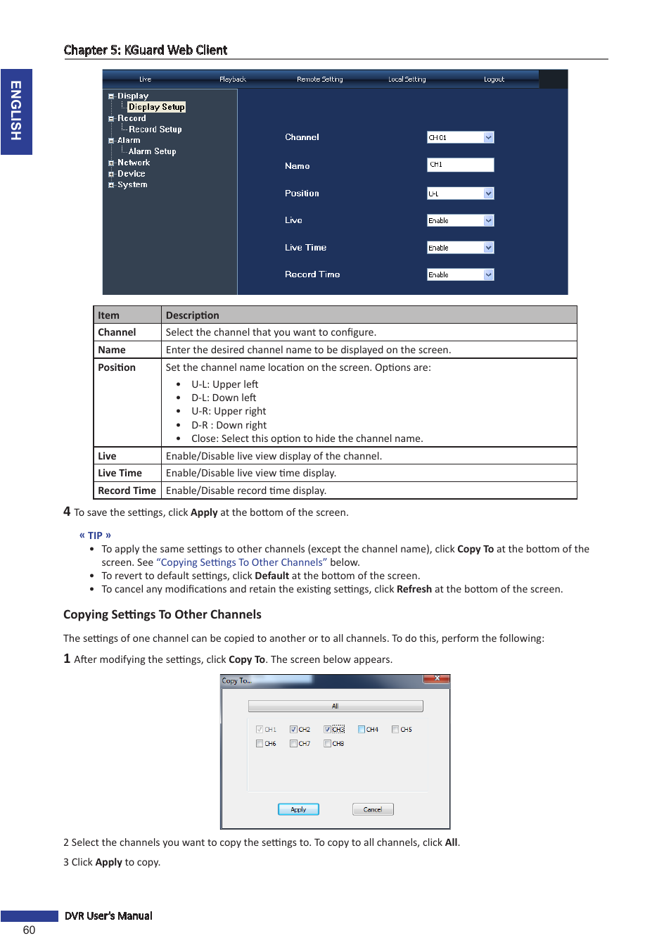 Copying settings to other channels | KGUARD Security SHA24 User Manual | Page 60 / 85
