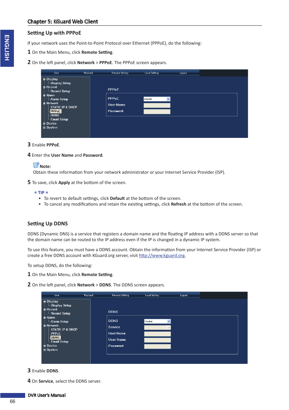 Setting up with pppoe, Setting up ddns, Setting up with pppoe setting up ddns | KGUARD Security SHA24 User Manual | Page 66 / 85