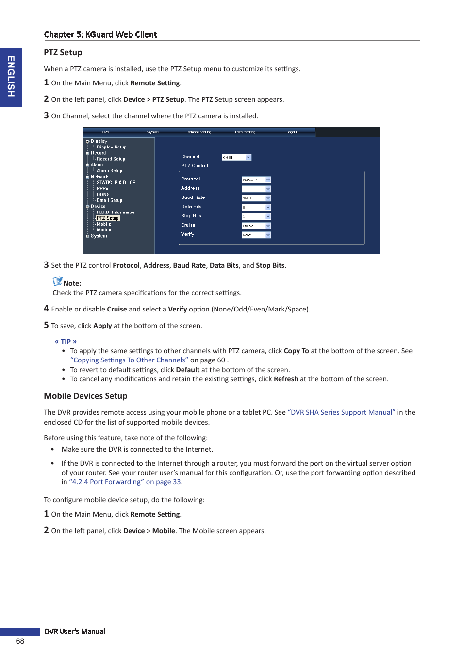Ptz setup, Mobile devices setup, Ptz setup mobile devices setup | KGUARD Security SHA24 User Manual | Page 68 / 85