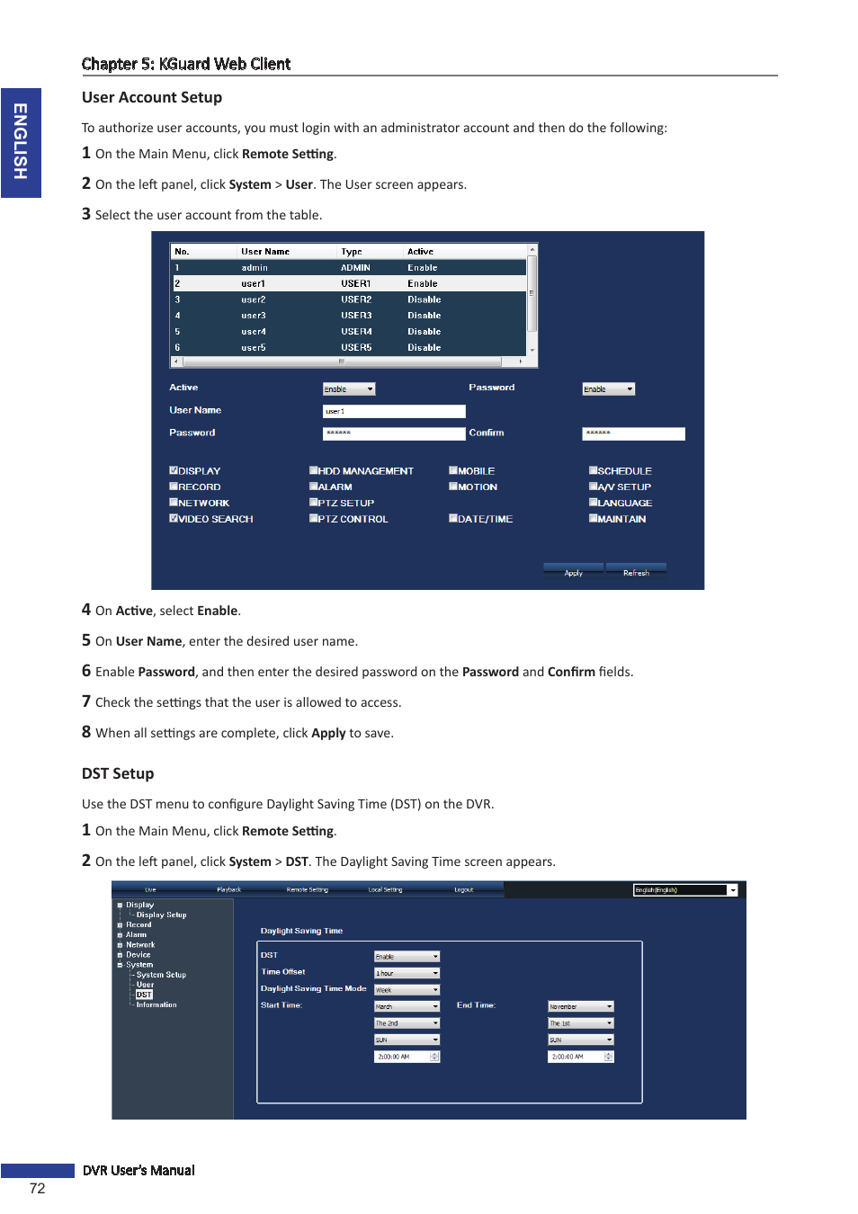 User account setup, Dst setup, User account setup dst setup | KGUARD Security SHA24 User Manual | Page 72 / 85