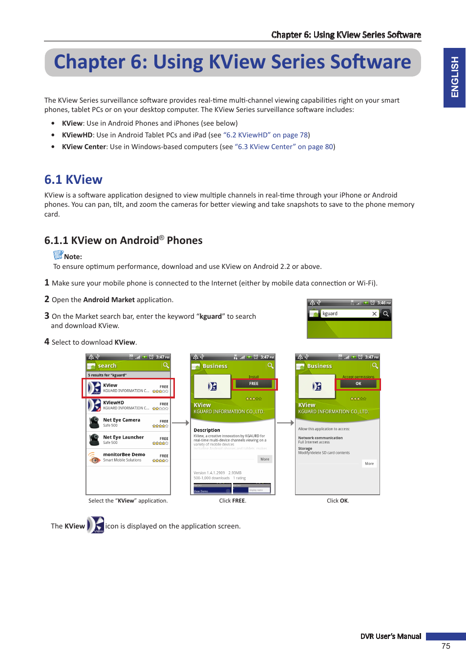 Chapter 6: using kview series software, 1 kview, 1 kview on android® phones | 1 kview on android, Phones | KGUARD Security SHA24 User Manual | Page 75 / 85