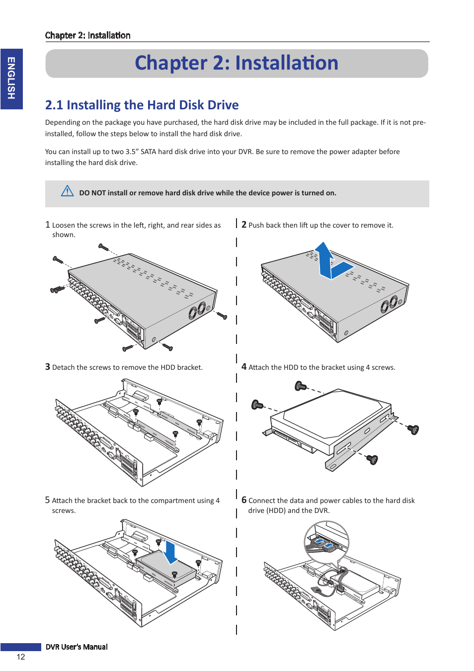 Chapter 2: installation, 1 installing the hard disk drive | KGUARD Security SHA28 User Manual | Page 12 / 88