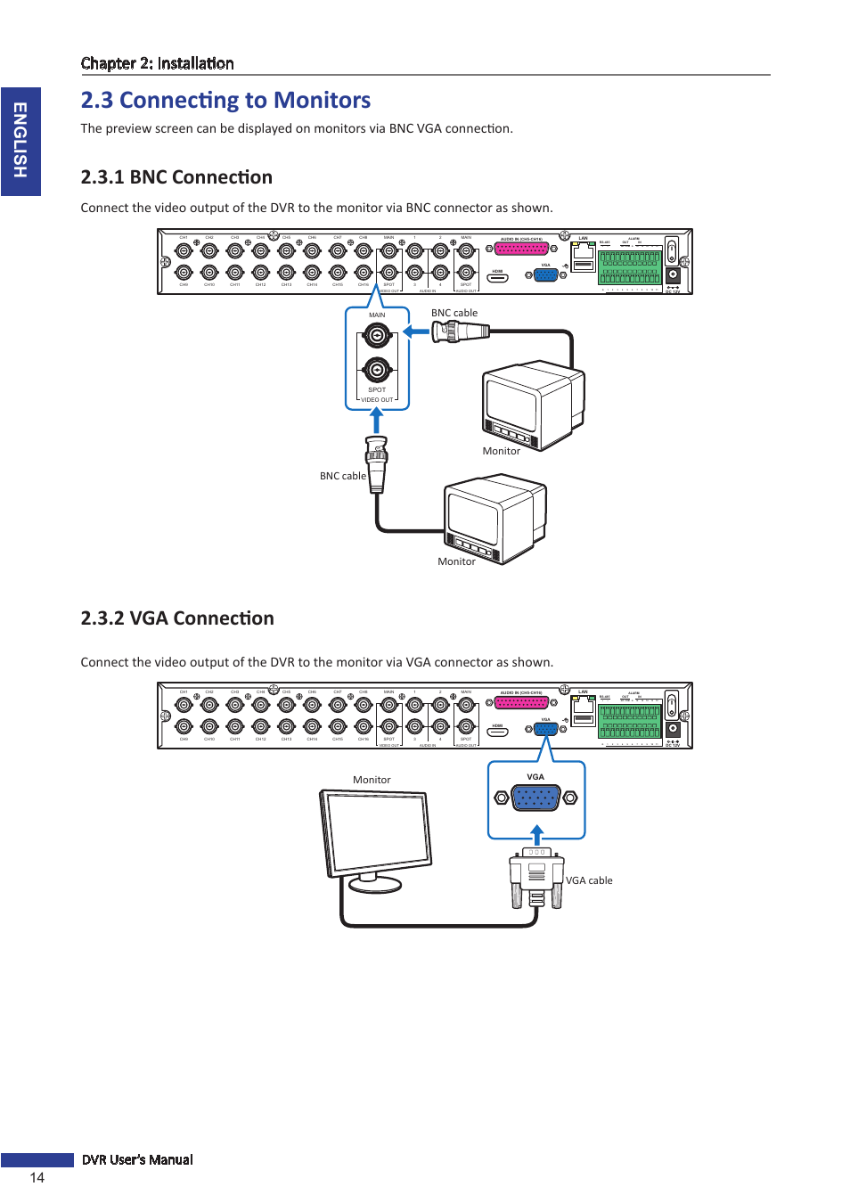3 connecting to monitors, 1 bnc connection, 2 vga connection | 1 bnc connection 2.3.2 vga connection, English chapter 2: installation, 14 dvr user’s manual, Monitor, Monitor bnc cable bnc cable, Monitor vga cable | KGUARD Security SHA28 User Manual | Page 14 / 88