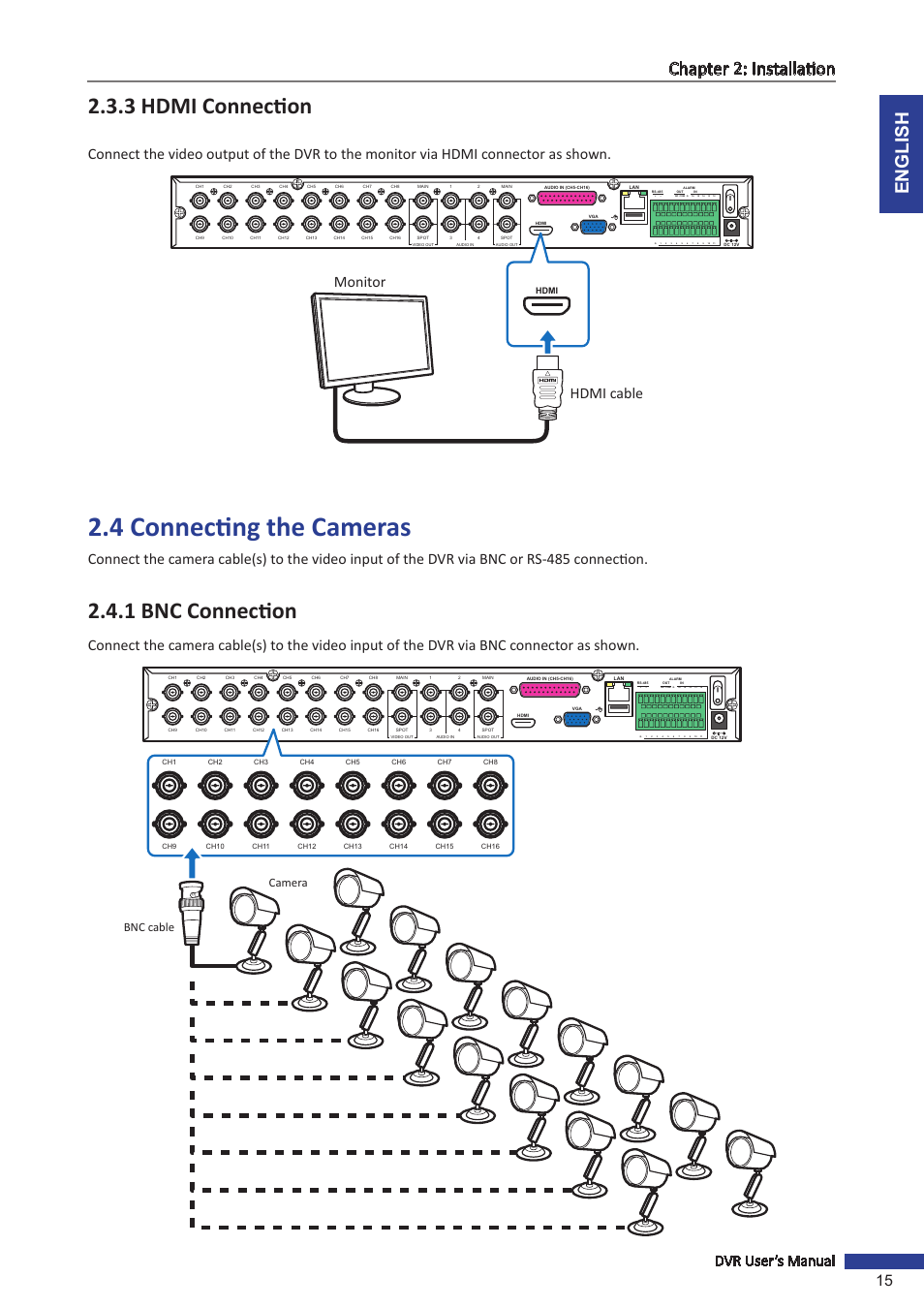 3 hdmi connection, 4 connecting the cameras, 1 bnc connection | English chapter 2: installation, Dvr user’s manual 15, Bnc cable camera, Hdmi | KGUARD Security SHA28 User Manual | Page 15 / 88