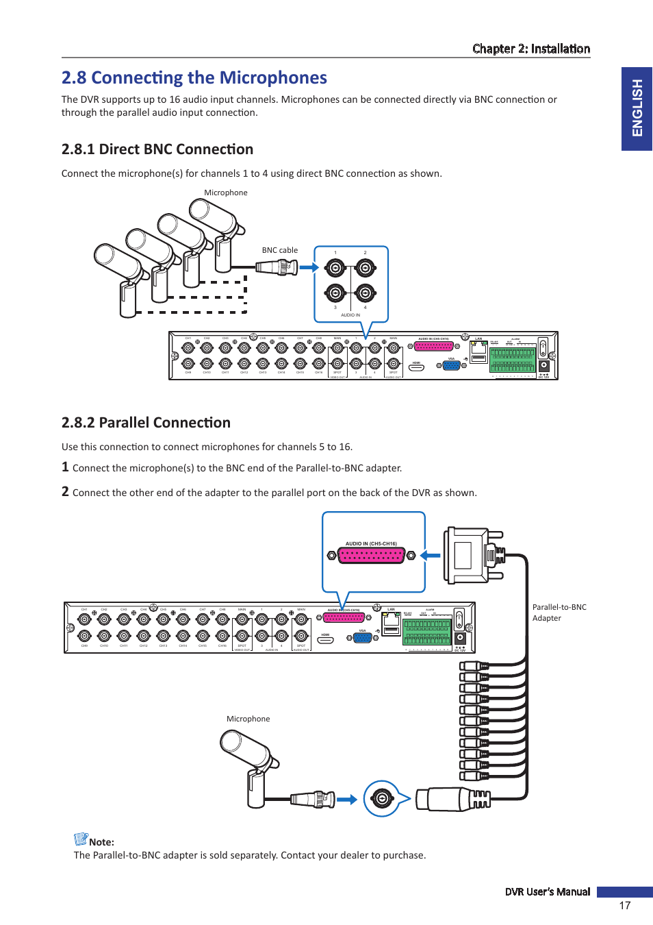 8 connecting the microphones, 1 direct bnc connection, 2 parallel connection | 1 direct bnc connection 2.8.2 parallel connection, English chapter 2: installation, Dvr user’s manual 17, Microphone, Bnc cable, Microphone parallel-to-bnc adapter | KGUARD Security SHA28 User Manual | Page 17 / 88