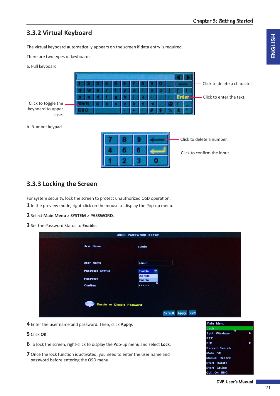 2 virtual keyboard, 3 locking the screen, 2 virtual keyboard 3.3.3 locking the screen | KGUARD Security SHA28 User Manual | Page 21 / 88