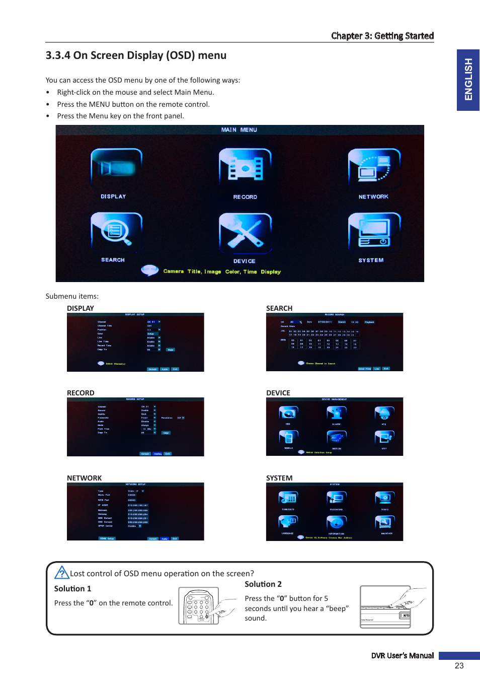 4 on screen display (osd) menu, English chapter 3: getting started, Solution 2 | Dvr user’s manual 23, Press the “ 0 ” on the remote control, Rec search | KGUARD Security SHA28 User Manual | Page 23 / 88