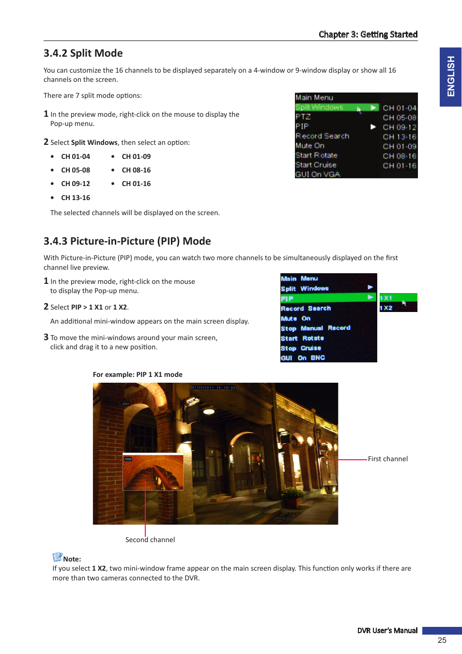 2 split mode, 3 picture-in-picture (pip) mode, 2 split mode 3.4.3 picture-in-picture (pip) mode | KGUARD Security SHA28 User Manual | Page 25 / 88