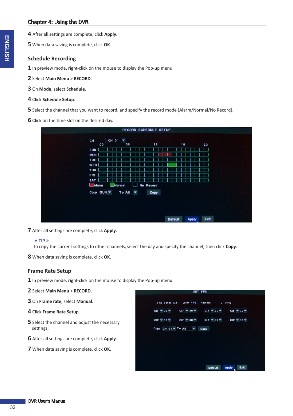Schedule recording, Frame rate setup, Schedule recording frame rate setup | KGUARD Security SHA28 User Manual | Page 32 / 88