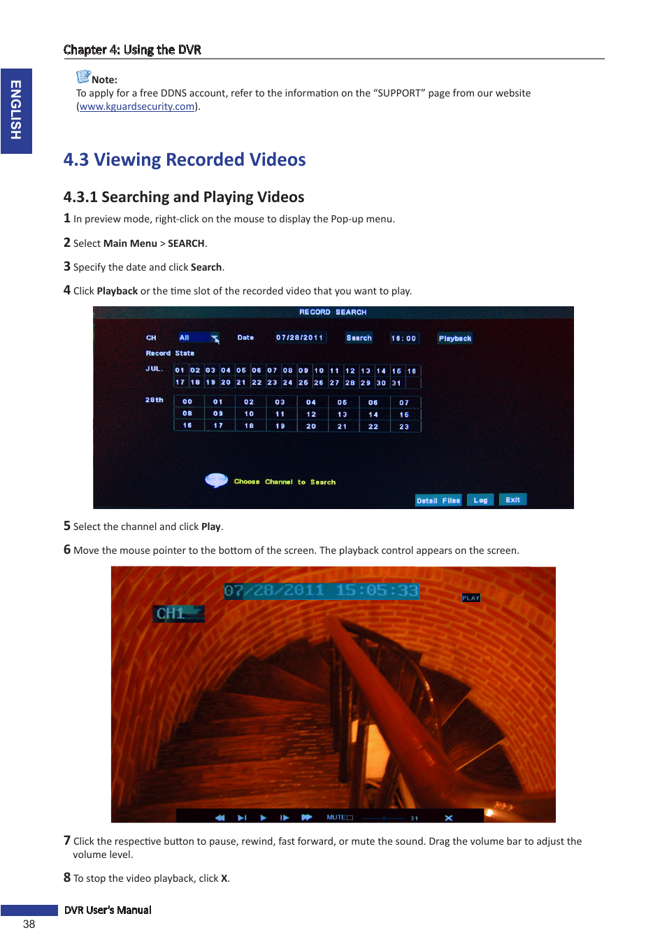 3 viewing recorded videos, 1 searching and playing videos, Y back. see | KGUARD Security SHA28 User Manual | Page 38 / 88