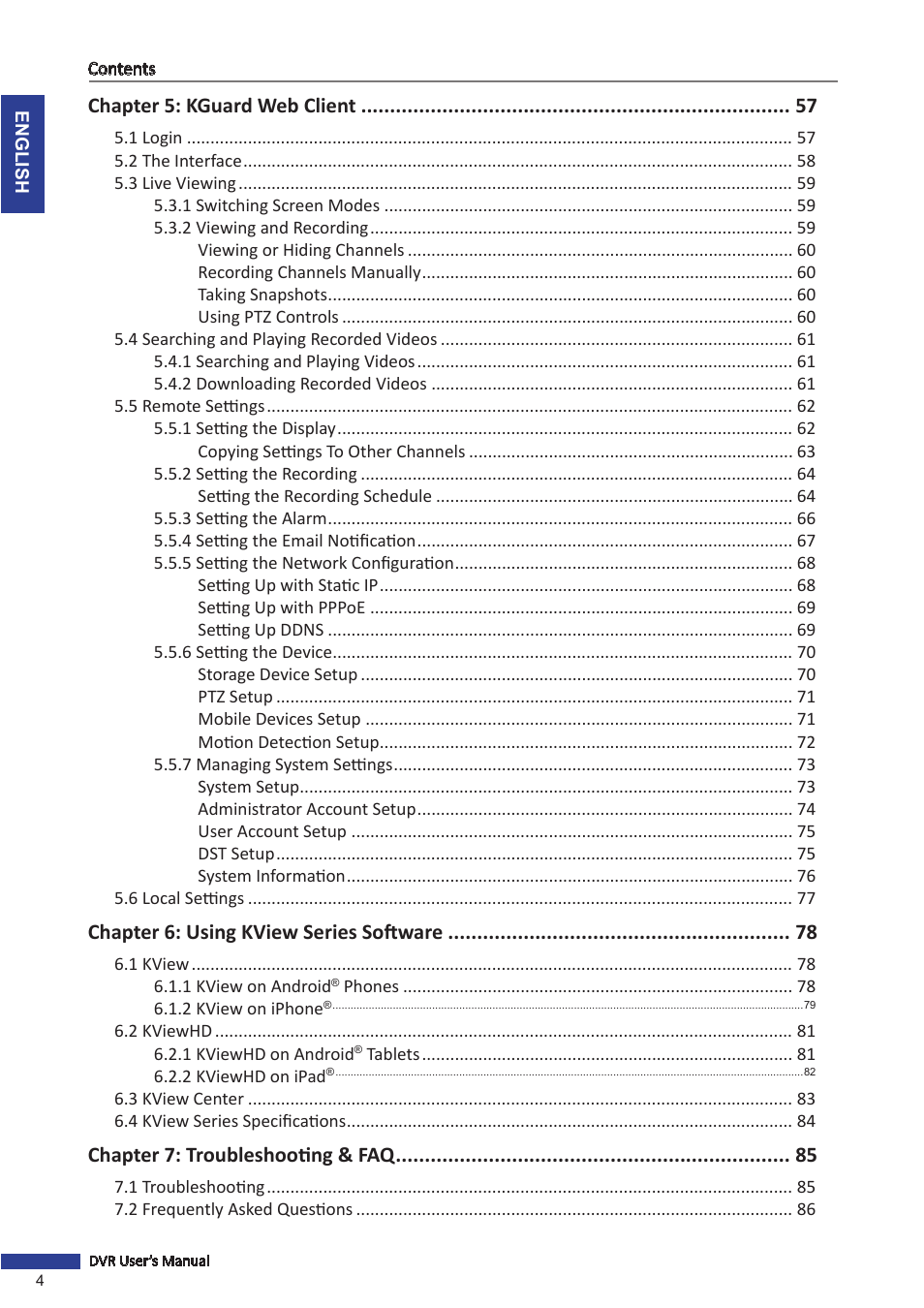 Chapter 5: kguard web client, Chapter 6: using kview series software, Chapter 7: troubleshooting & faq | KGUARD Security SHA28 User Manual | Page 4 / 88