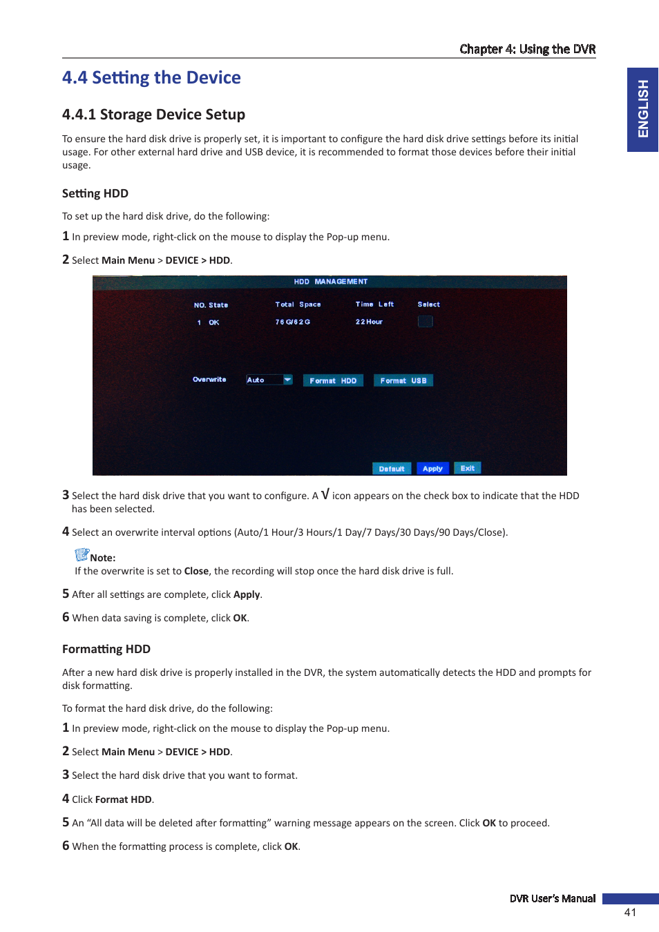 4 setting the device, 1 storage device setup, Setting hdd | Formatting hdd, Setting hdd formatting hdd | KGUARD Security SHA28 User Manual | Page 41 / 88