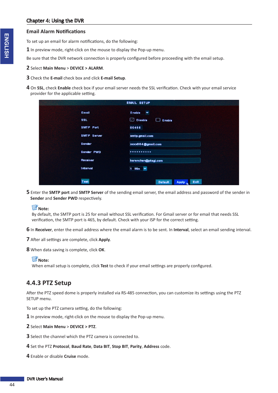 Email alarm notifications, 3 ptz setup, Ttings, see | Ess. see | KGUARD Security SHA28 User Manual | Page 44 / 88