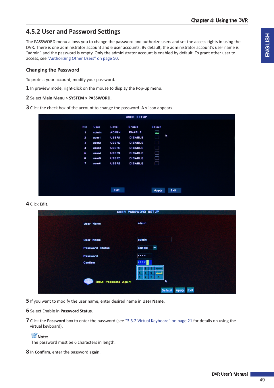 2 user and password settings, Changing the password | KGUARD Security SHA28 User Manual | Page 49 / 88