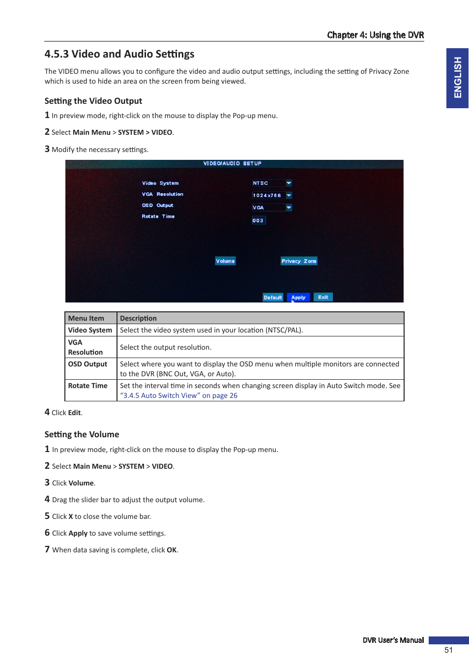 3 video and audio settings, Setting the video output, Setting the volume | Setting the video output setting the volume, E 51 | KGUARD Security SHA28 User Manual | Page 51 / 88