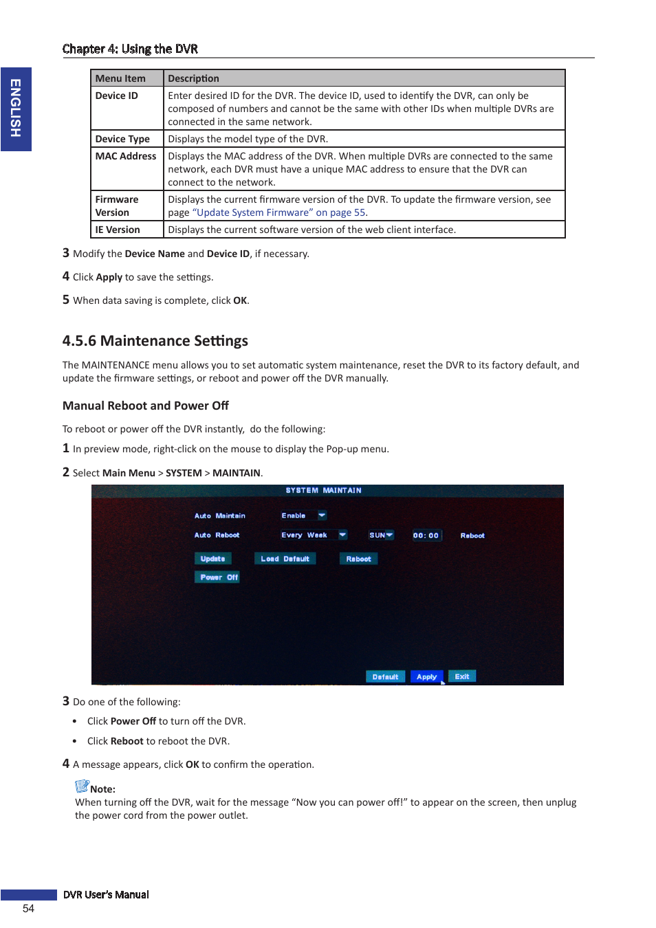 6 maintenance settings, Manual reboot and power off | KGUARD Security SHA28 User Manual | Page 54 / 88