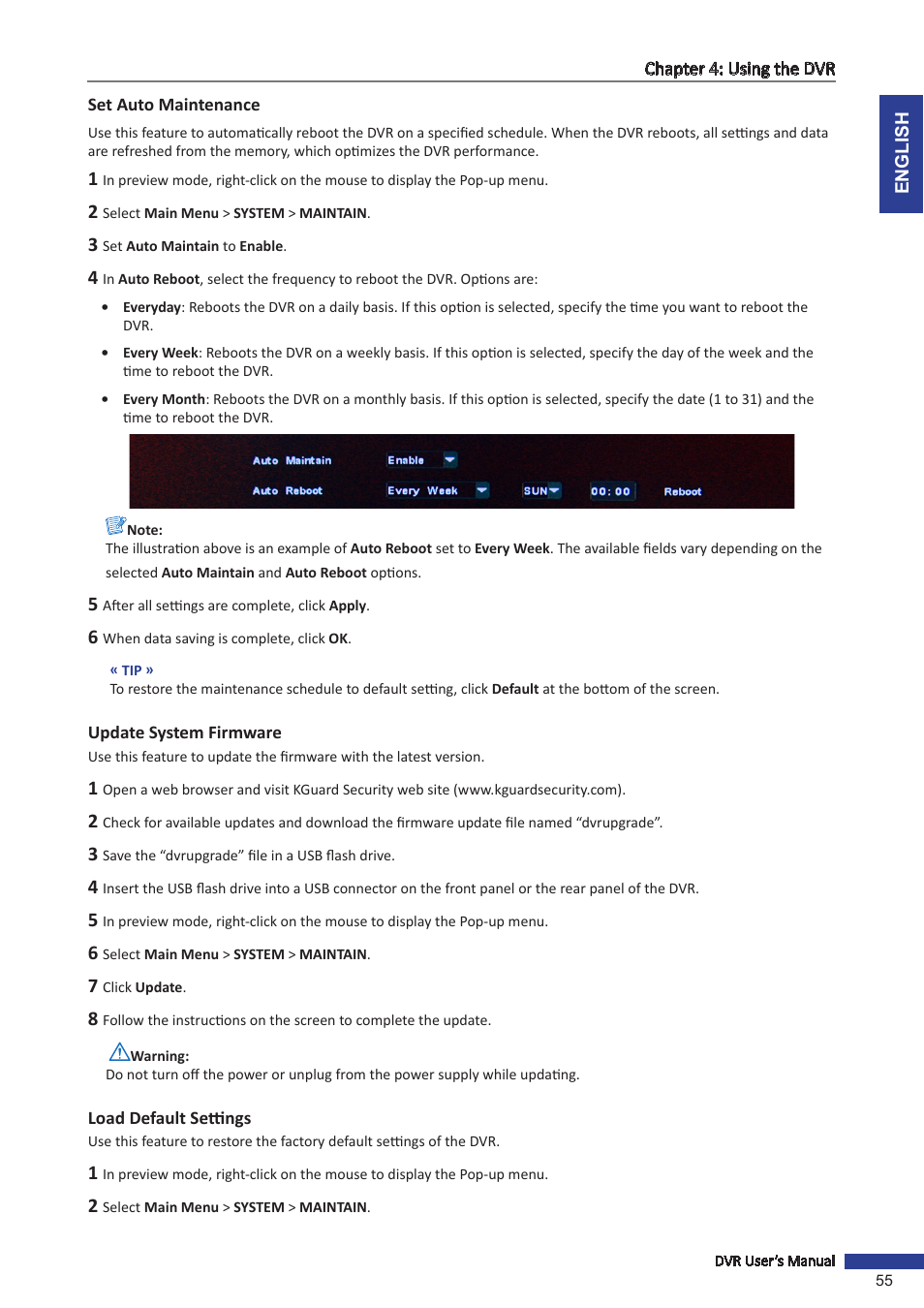 Set auto maintenance, Update system firmware, Load default settings | KGUARD Security SHA28 User Manual | Page 55 / 88