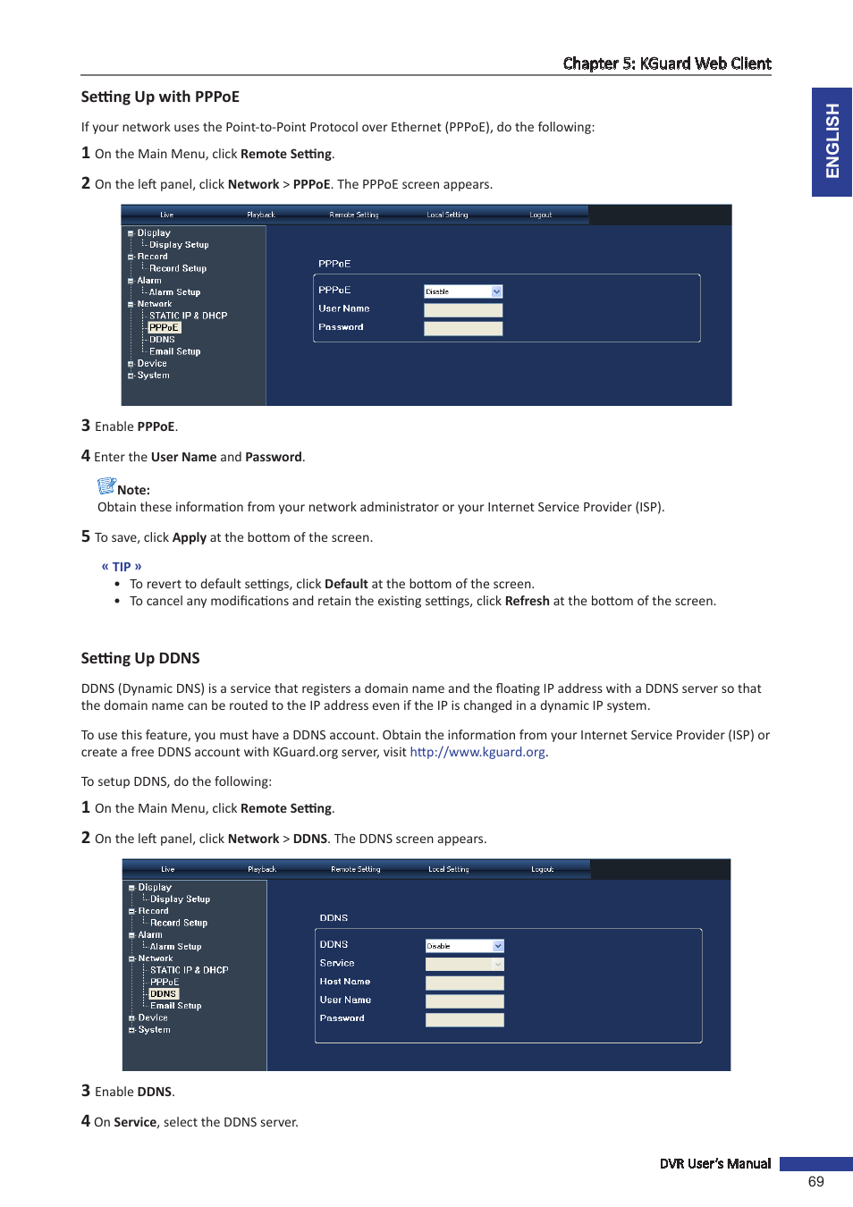 Setting up with pppoe, Setting up ddns, Setting up with pppoe setting up ddns | KGUARD Security SHA28 User Manual | Page 69 / 88