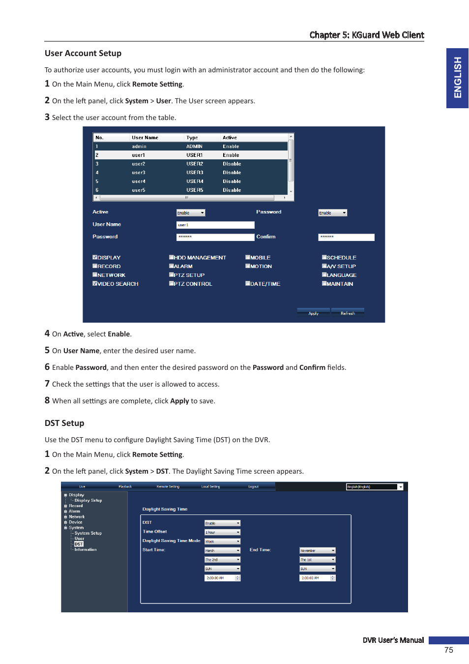 User account setup, Dst setup, User account setup dst setup | KGUARD Security SHA28 User Manual | Page 75 / 88