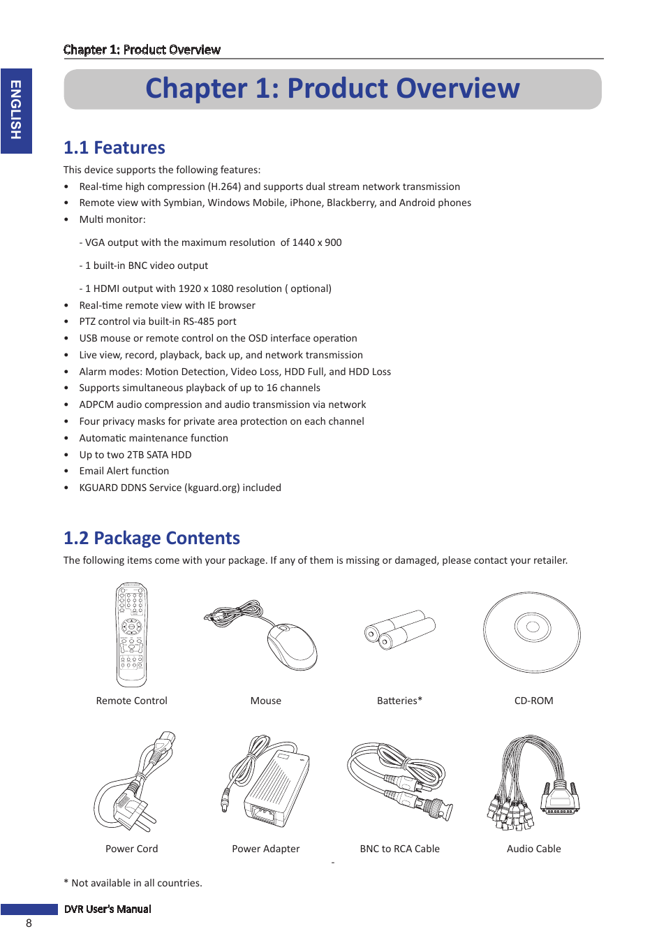Chapter 1: product overview, 1 features, 2 package contents | 1 features 1.2 package contents, English chapter 1: product overview, 8dvr user’s manual | KGUARD Security SHA28 User Manual | Page 8 / 88