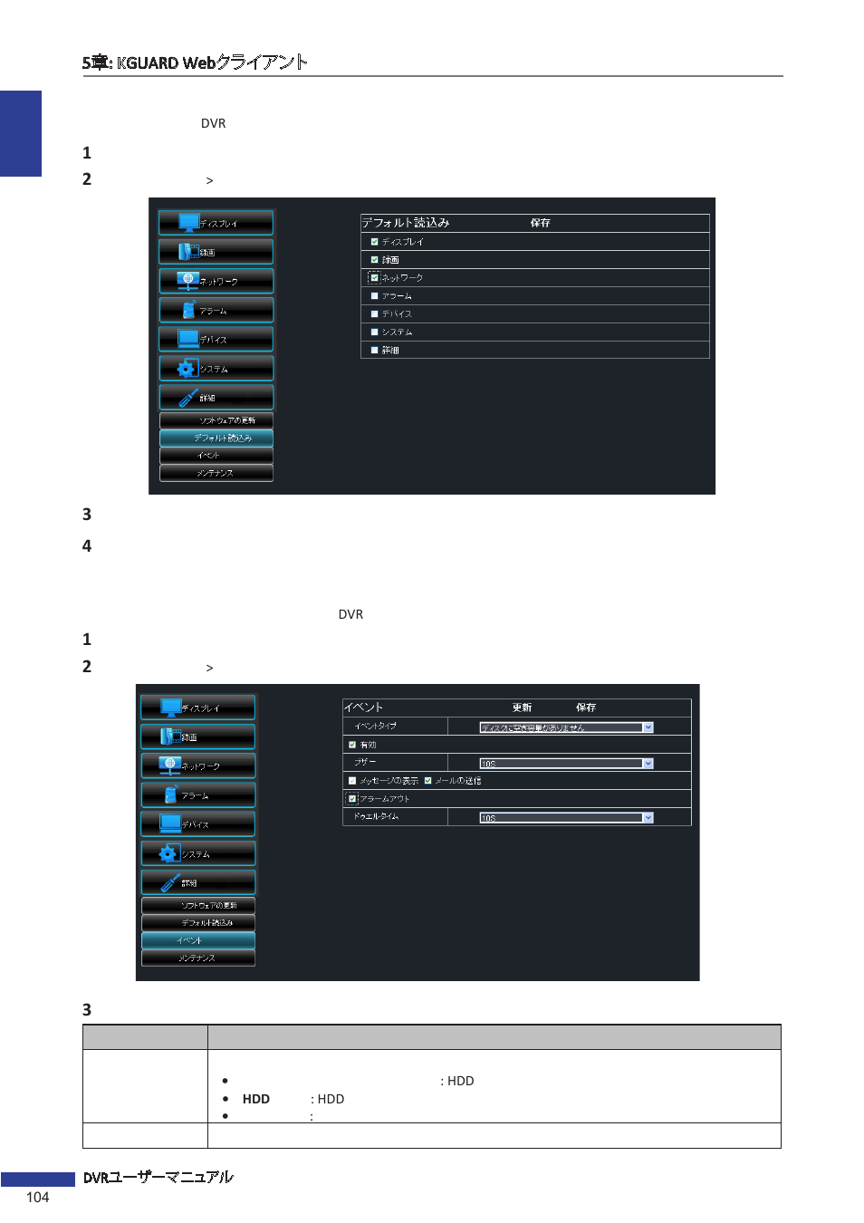 デフォルト設定の読込み, イベントの設定 | KGUARD Security EL1621 User Manual | Page 104 / 114