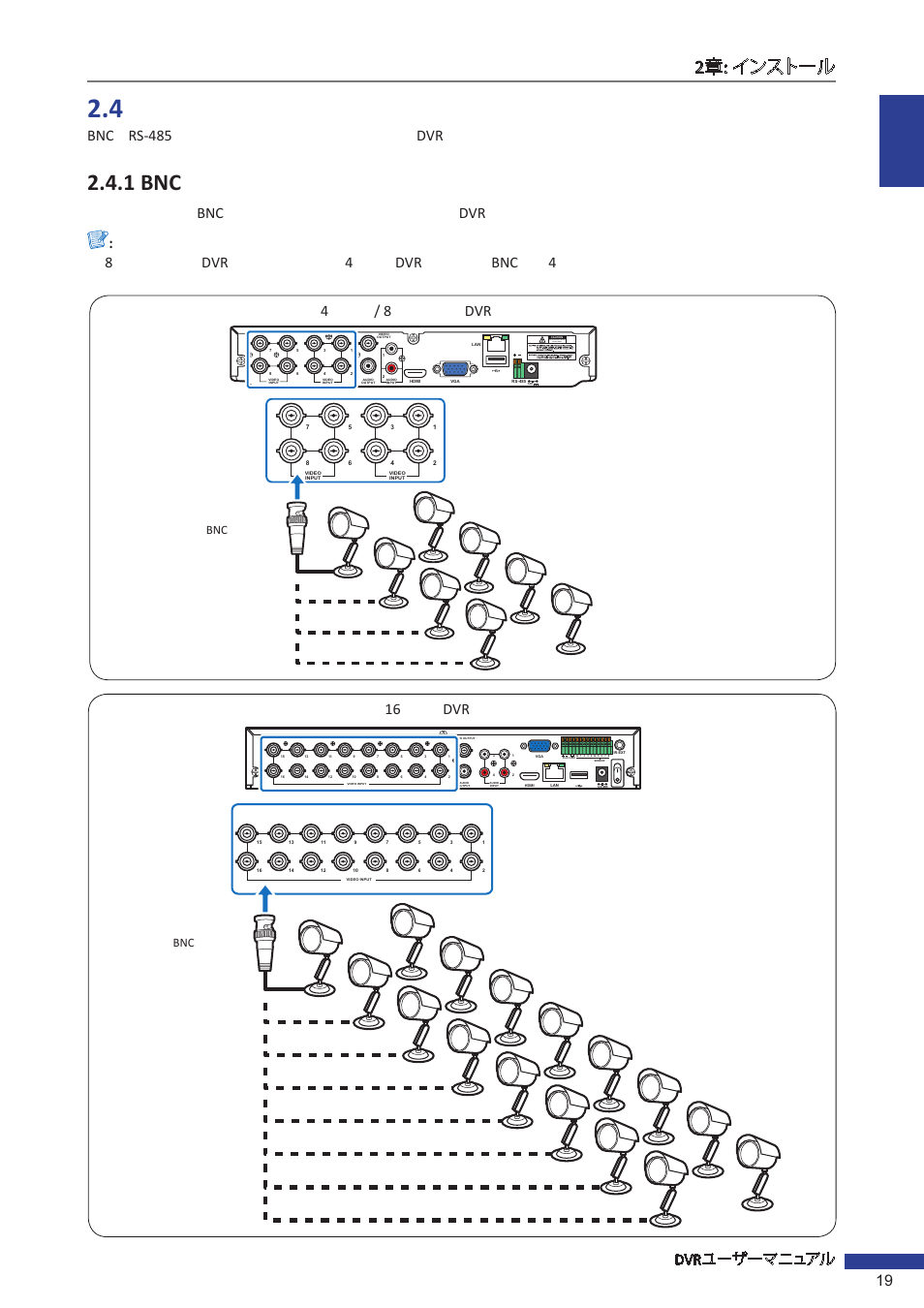 4 カメラの接続, 1 bnc接続, 1 bnc | Dvr 19, Bnc rs-485 dvr, Bnc dvr : 8 dvr 4 dvr bnc 4, 16 dvr, 4/ 8 dvr, Risk of electric shock do not open | KGUARD Security EL1621 User Manual | Page 19 / 114