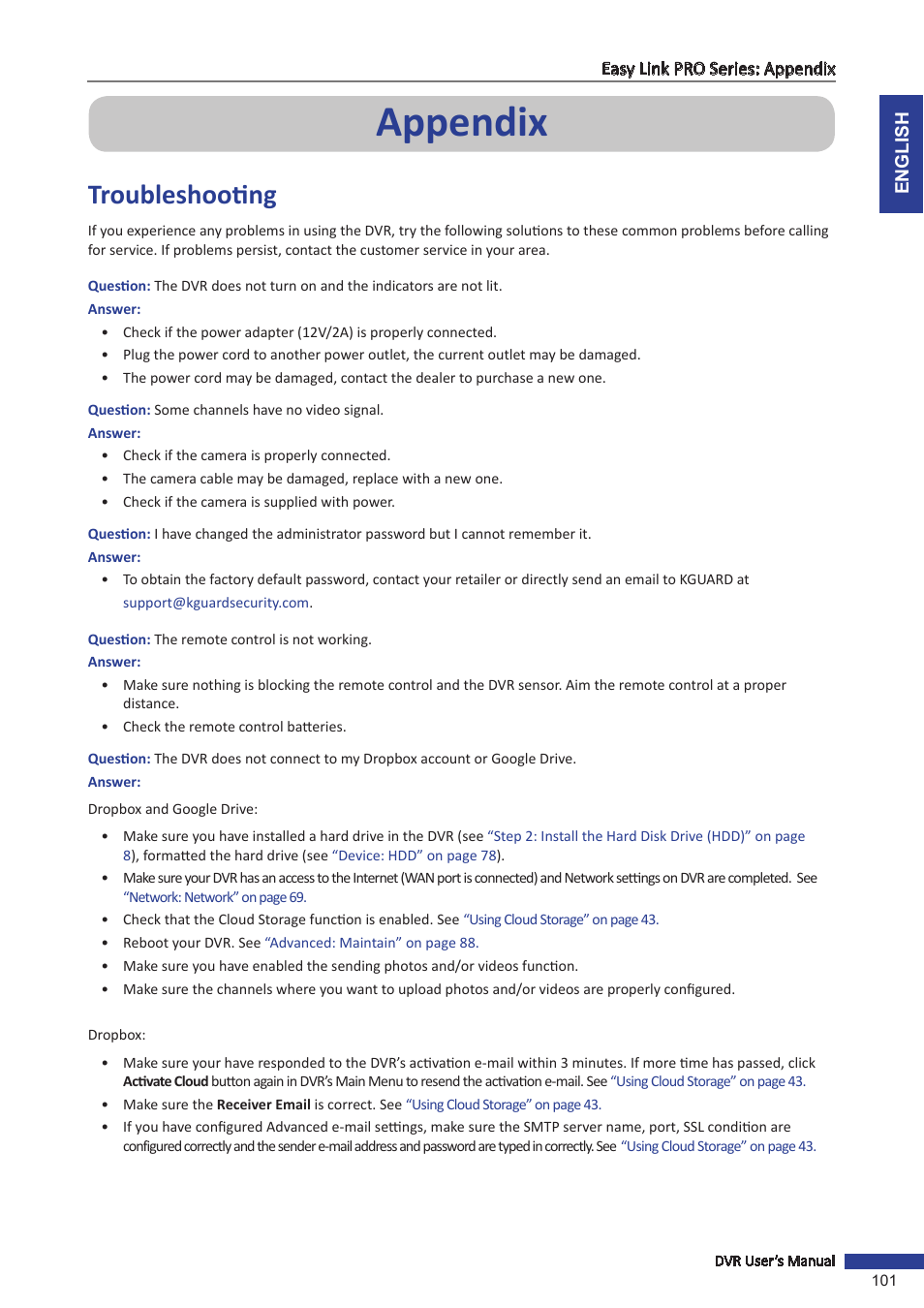 Appendix, Troubleshooting | KGUARD Security EL1622 User Manual | Page 101 / 105