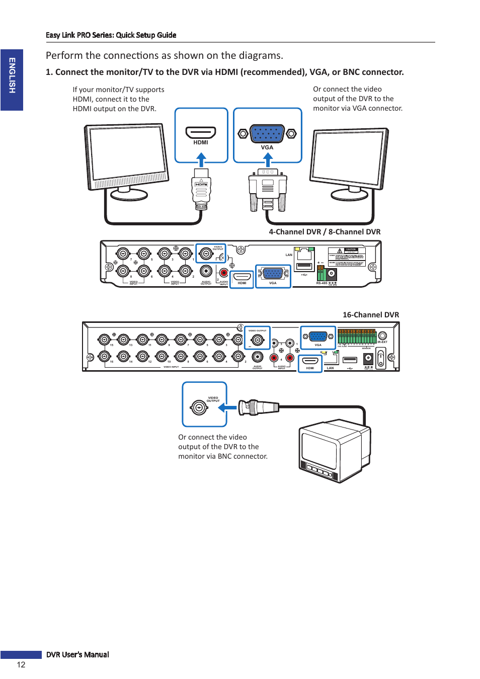 Perform the connections as shown on the diagrams, Risk of electric shock do not open, Hdmi vga | KGUARD Security EL1622 User Manual | Page 12 / 105