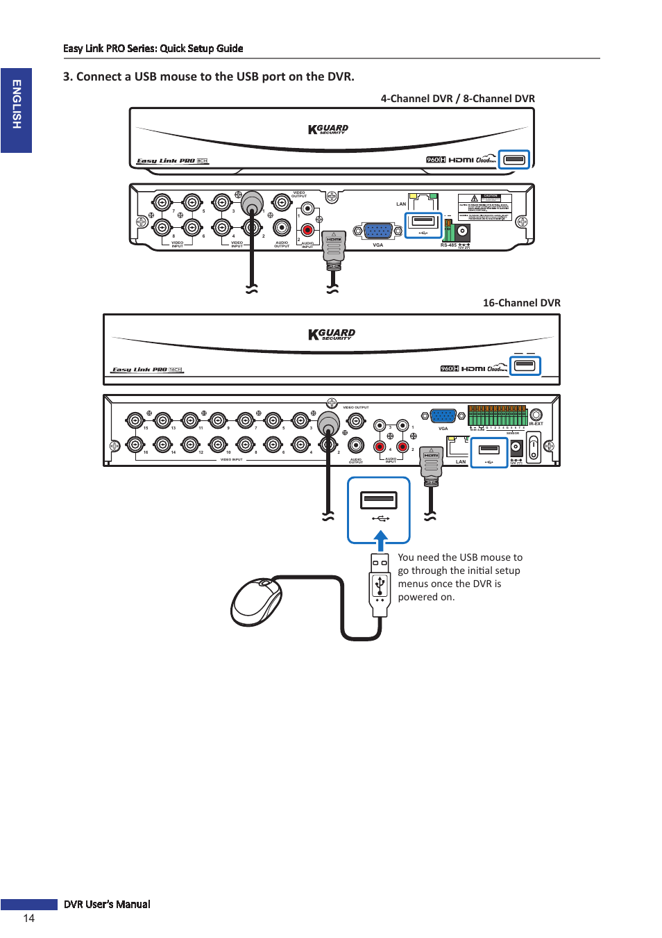 Connect a usb mouse to the usb port on the dvr, Risk of electric shock do not open | KGUARD Security EL1622 User Manual | Page 14 / 105