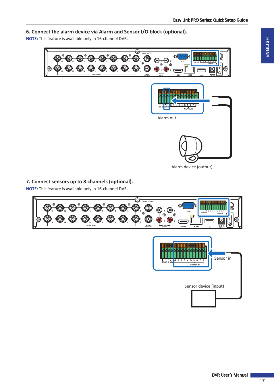 Connect sensors up to 8 channels (optional), Alarm device (output) alarm out, Sensor device (input) sensor in | KGUARD Security EL1622 User Manual | Page 17 / 105