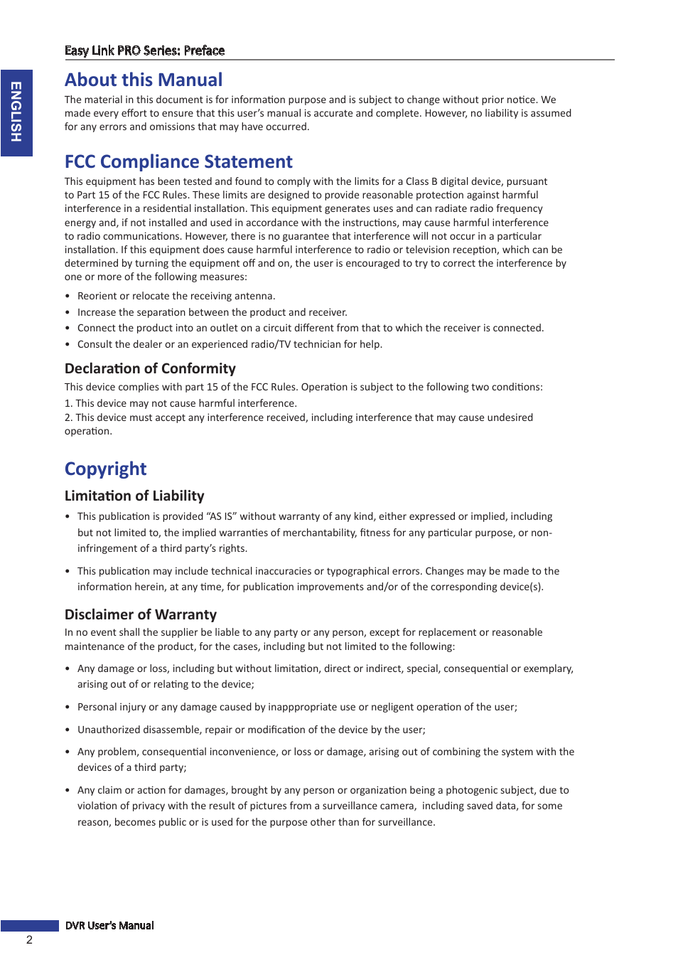 About this manual, Fcc compliance statement, Copyright | Declaration of conformity, Limitation of liability, Disclaimer of warranty | KGUARD Security EL1622 User Manual | Page 2 / 105