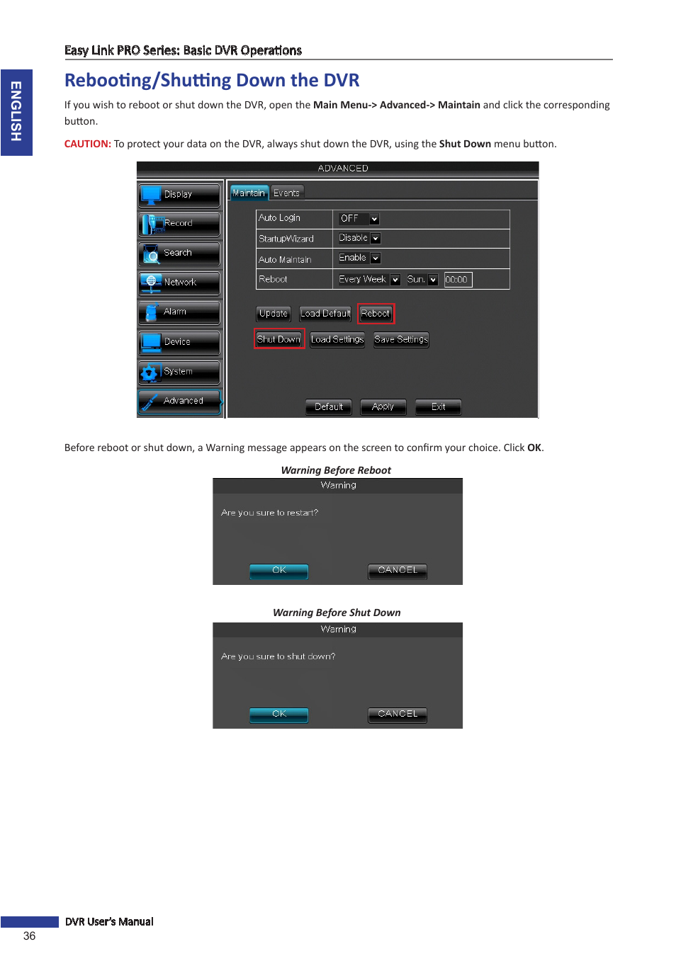 Rebooting/shutting down the dvr | KGUARD Security EL1622 User Manual | Page 36 / 105