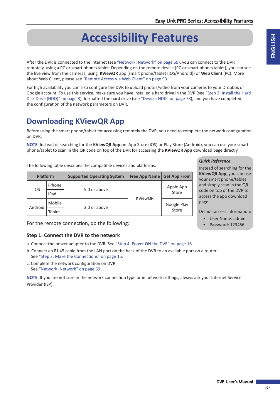 Accessibility features, Downloading kviewqr app | KGUARD Security EL1622 User Manual | Page 37 / 105