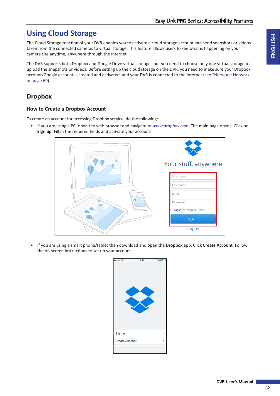 Using cloud storage, Dropbox, How to create a dropbox account | KGUARD Security EL1622 User Manual | Page 43 / 105