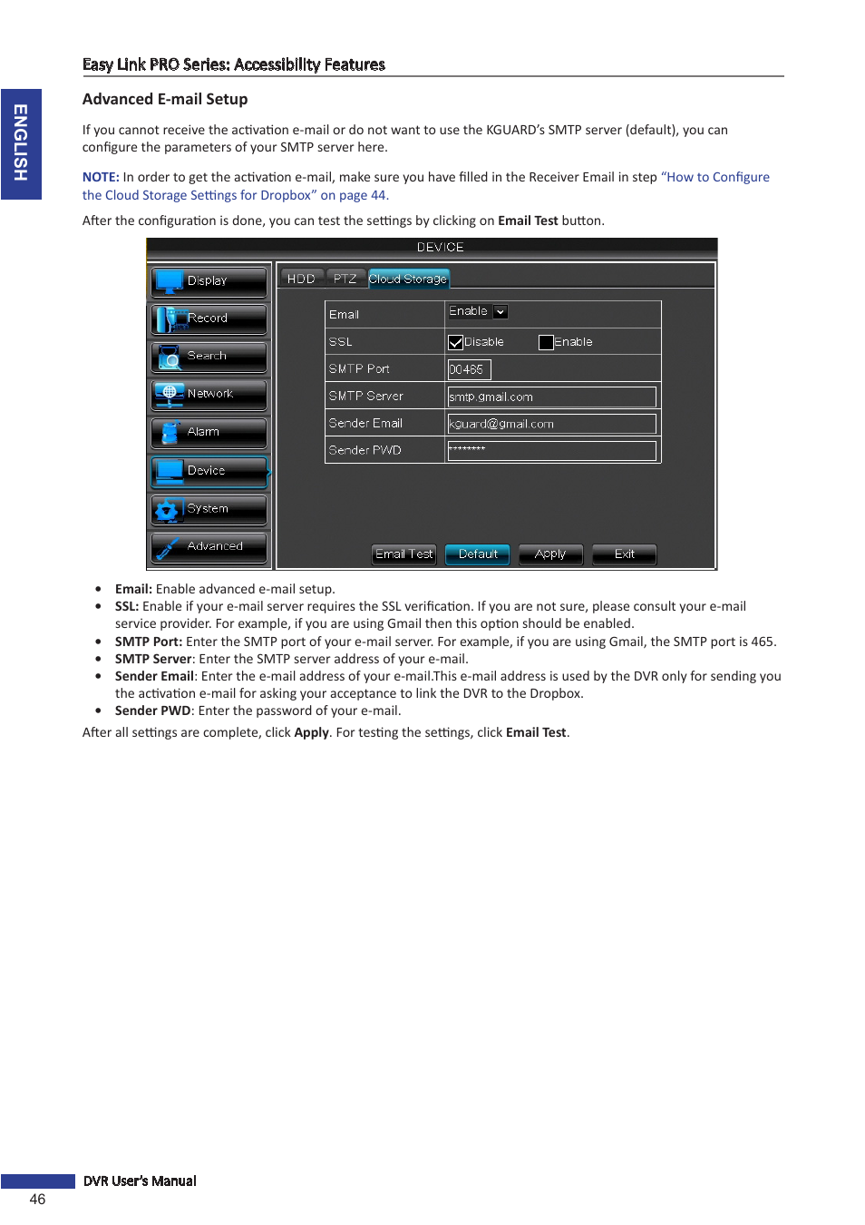 Advanced e-mail setup | KGUARD Security EL1622 User Manual | Page 46 / 105
