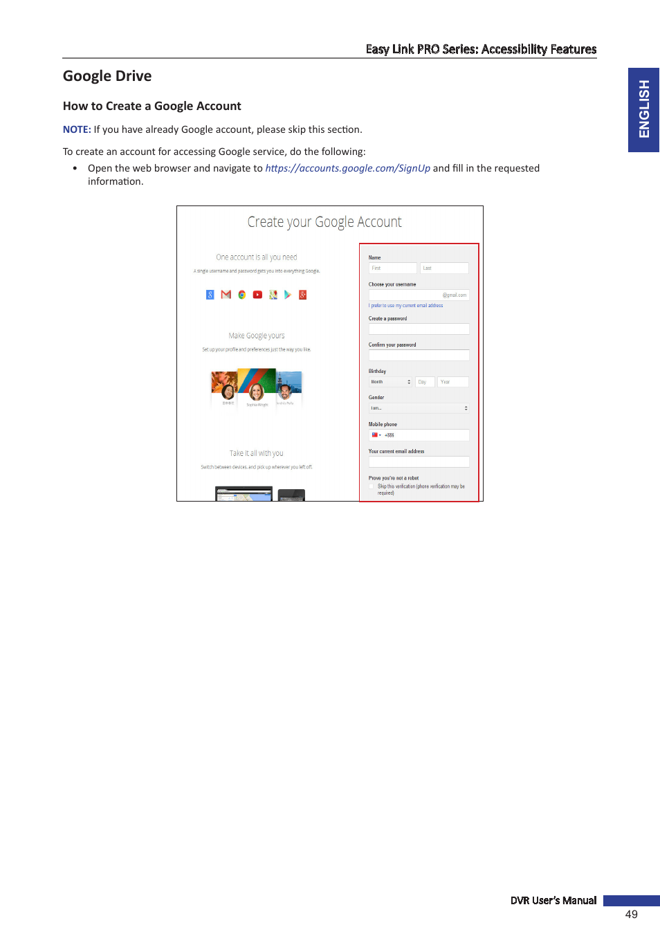 Google drive, How to create a google account | KGUARD Security EL1622 User Manual | Page 49 / 105