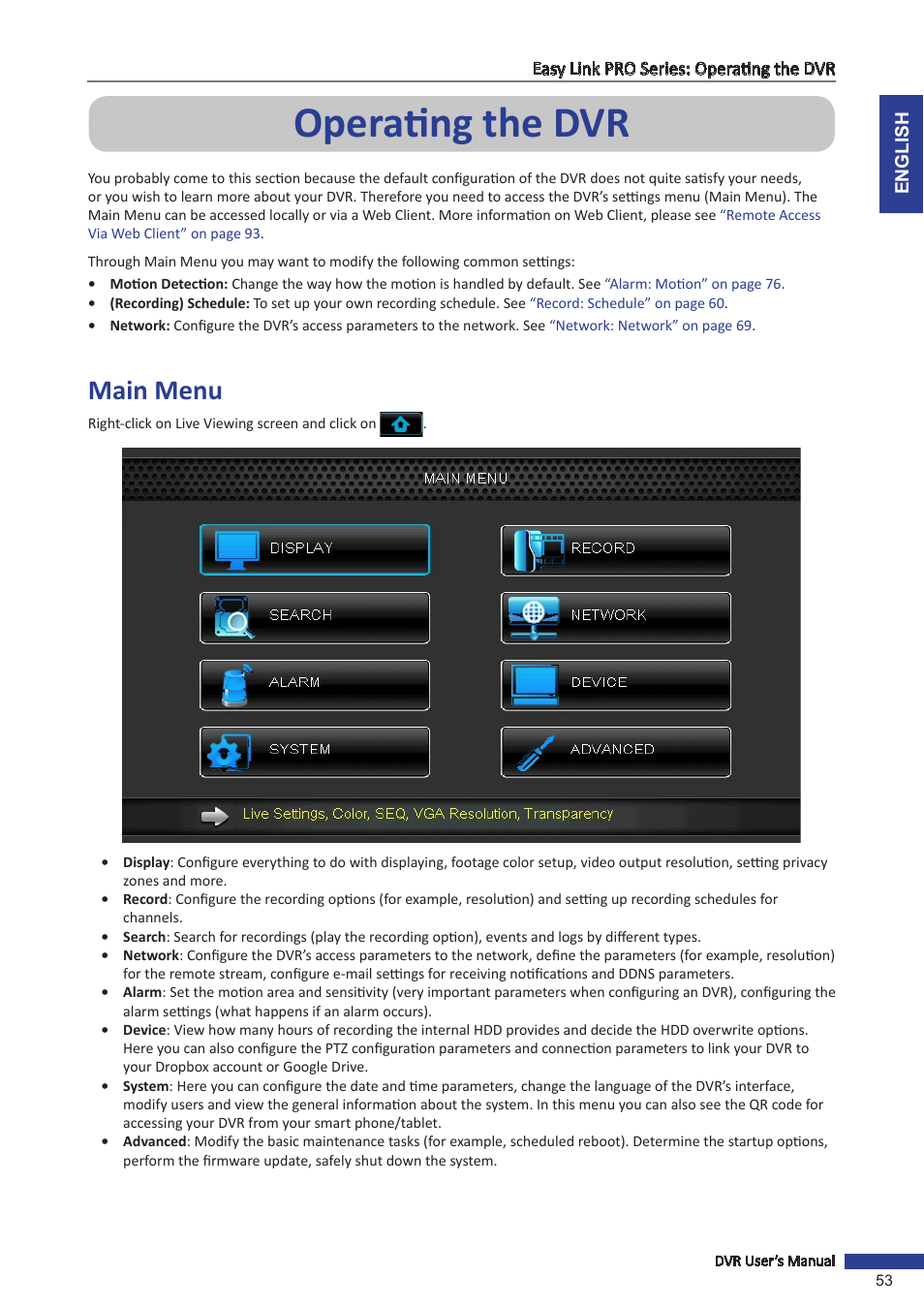 Operating the dvr, Main menu | KGUARD Security EL1622 User Manual | Page 53 / 105