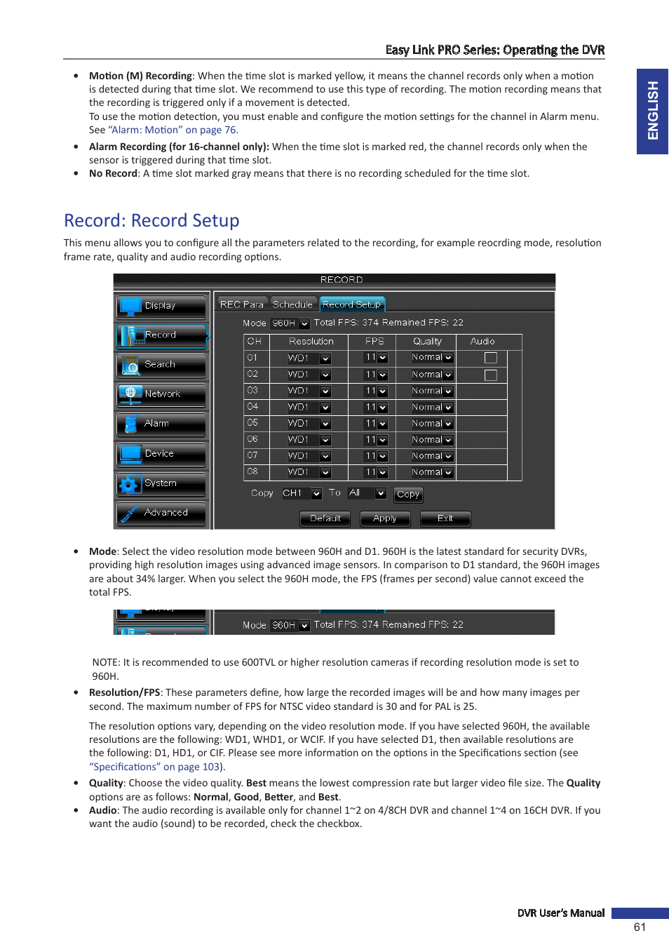 Record: record setup | KGUARD Security EL1622 User Manual | Page 61 / 105