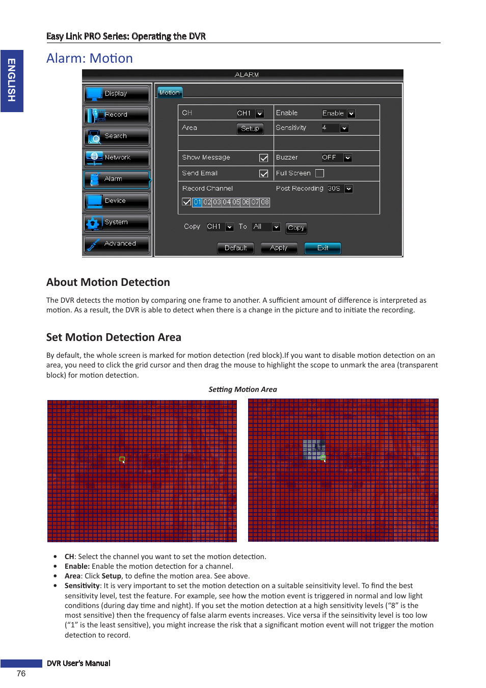 Alarm: motion, About motion detection, Set motion detection area | About motion detection set motion detection area, Ault. see | KGUARD Security EL1622 User Manual | Page 76 / 105