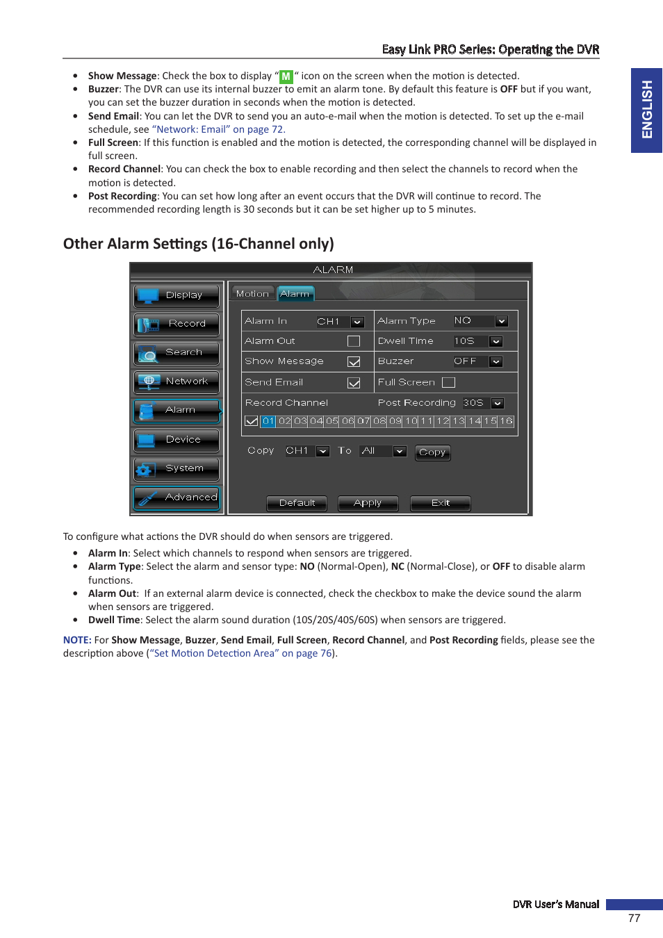 Other alarm settings (16-channel only) | KGUARD Security EL1622 User Manual | Page 77 / 105