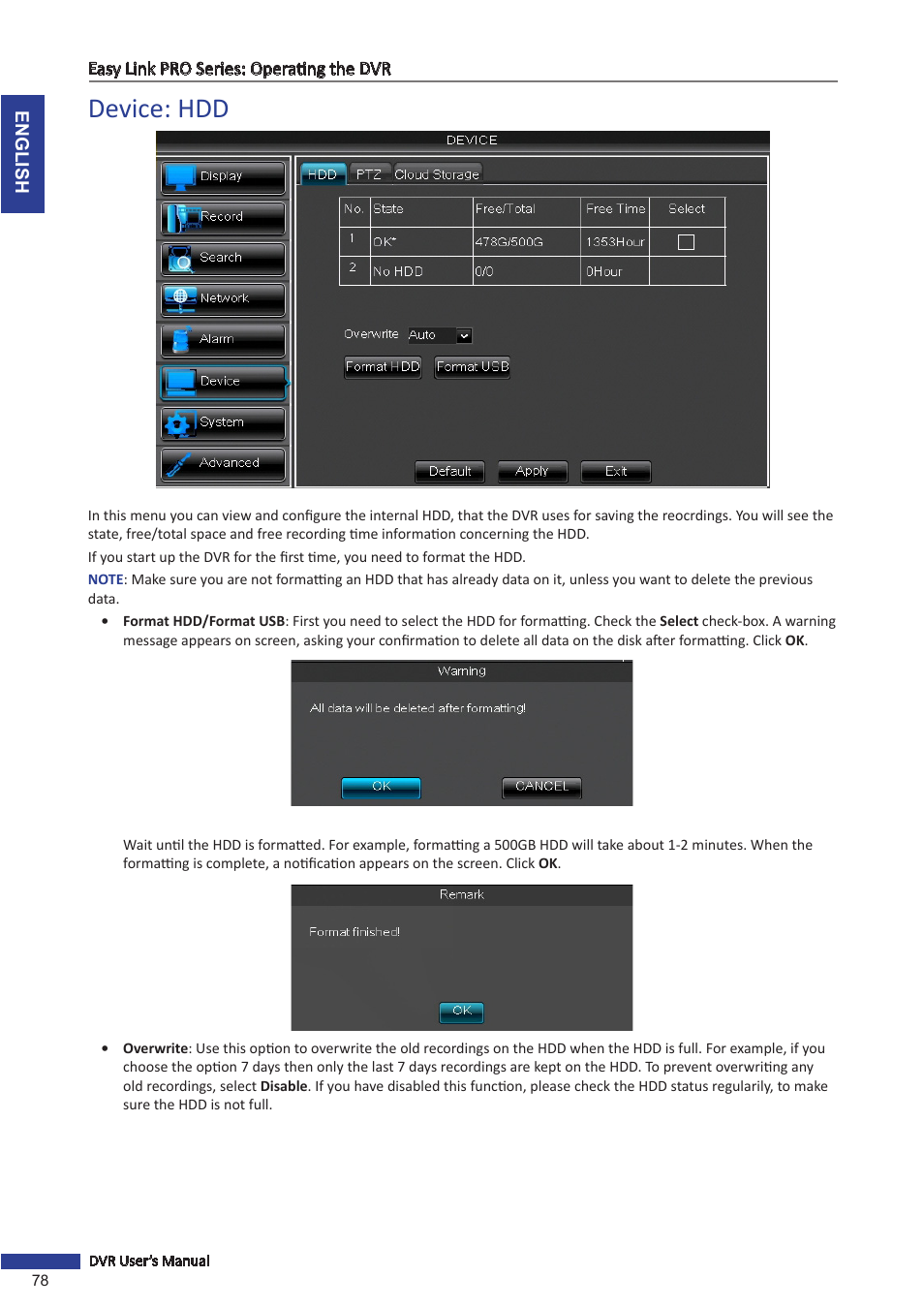Device: hdd, E (see, Then c | KGUARD Security EL1622 User Manual | Page 78 / 105