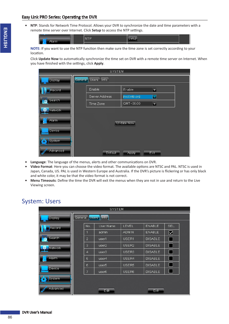 System: users | KGUARD Security EL1622 User Manual | Page 86 / 105