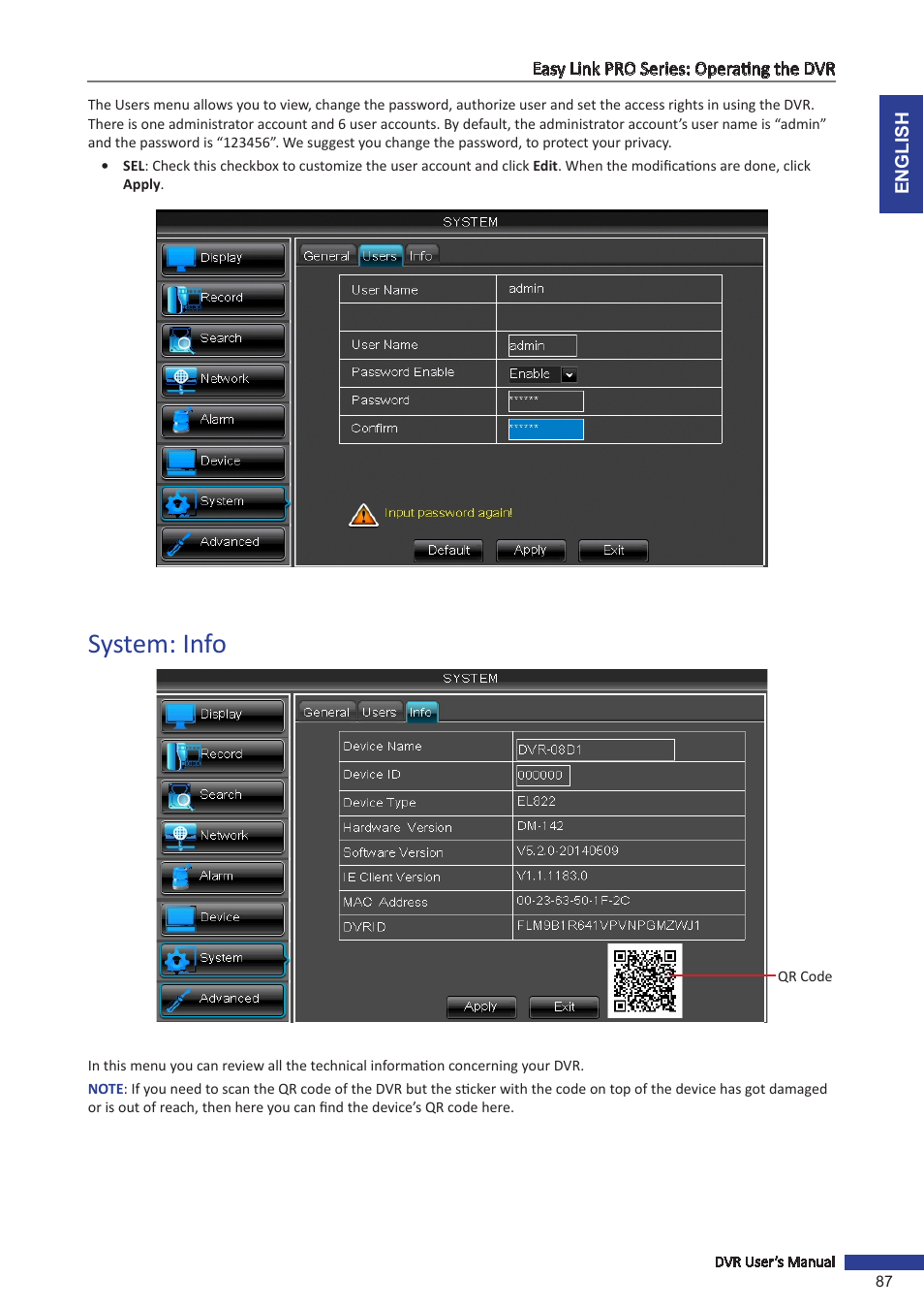 System: info | KGUARD Security EL1622 User Manual | Page 87 / 105