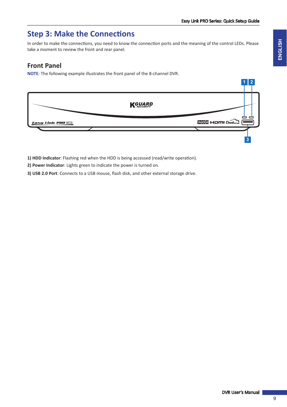 Step 3: make the connections, Front panel | KGUARD Security EL1622 User Manual | Page 9 / 105