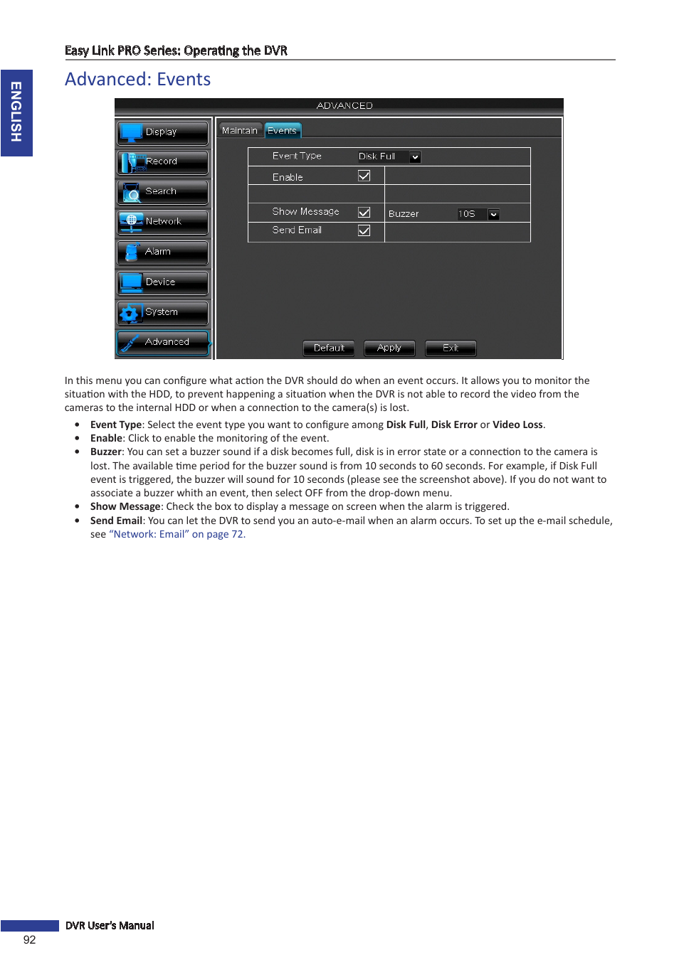 Advanced: events | KGUARD Security EL1622 User Manual | Page 92 / 105